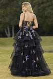 Princess Black Sequins Lace Up Back Long Prom Dress with Ruffles