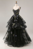 Princess Black Sequins Lace Up Back Long Prom Dress with Ruffles