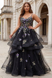 Black Flower Sequins Long Plus Size Prom Dress with Ruffles