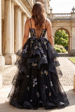 Black Flower Sequins Long Plus Size Prom Dress with Ruffles