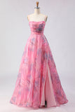 Pink A-Line Print Tulle Floral Corset Long Prom Dress with Slit