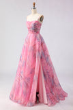 Pink A-Line Print Tulle Floral Corset Long Prom Dress with Slit