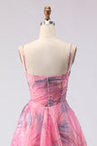 Pink A-Line Print Tulle Floral Corset Long Prom Dress with Slit