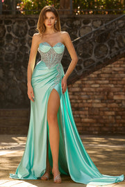 Sweetheart Mermaid Beaded Mint Green Corset Long Prom Dress with Slit