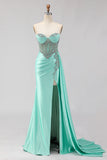 Sweetheart Mermaid Beaded Mint Green Long Prom Dress with Slit