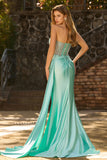 Sweetheart Mermaid Beaded Mint Green Corset Long Prom Dress with Slit