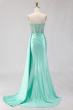 Sweetheart Mermaid Beaded Mint Green Long Prom Dress with Slit