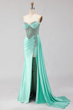 Sweetheart Mermaid Beaded Mint Green Long Prom Dress with Slit