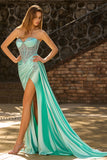 Sweetheart Mermaid Beaded Mint Green Corset Long Prom Dress with Slit