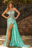 Sweetheart Mermaid Beaded Mint Green Corset Long Prom Dress with Slit
