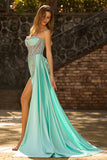 Sweetheart Mermaid Beaded Mint Green Corset Long Prom Dress with Slit