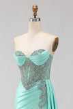 Sweetheart Mermaid Beaded Mint Green Long Prom Dress with Slit