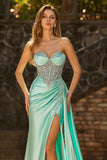 Sweetheart Mermaid Beaded Mint Green Corset Long Prom Dress with Slit