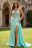 Mint Green Sweetheart Mermaid Beaded Long Plus Size Prom Dress with Slit