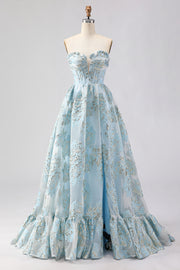 Strapless A Line Light Blue Corset Jacquard Brocade Long Prom Dress with Slit