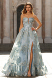 Strapless A Line Pink Jacquard Corset Long Prom Dress with Slit
