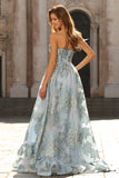 Strapless A Line Light Blue Corset Jacquard Brocade Long Prom Dress with Slit