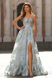 Strapless A Line Light Blue Corset Jacquard Brocade Long Prom Dress with Slit
