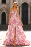 Strapless A Line Pink Jacquard Corset Long Prom Dress with Slit