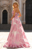 Strapless A Line Pink Jacquard Corset Long Prom Dress with Slit