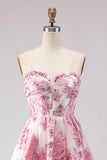 Strapless A Line Pink Jacquard Corset Long Prom Dress with Slit