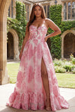 Pink Jacquard Strapless A Line Corset Long Plus Size Prom Dress with Slit