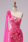Fuchsia Mermaid Corset One Shoulder Cut Out Streamer Long Prom Dress with Slit