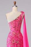 Fuchsia Mermaid Corset One Shoulder Cut Out Streamer Long Prom Dress with Slit