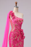 Fuchsia Mermaid Corset One Shoulder Cut Out Streamer Long Prom Dress with Slit