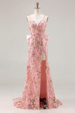 Sparkly Pink Mermaid Sequin Back Bow Long Prom Dress with Slit