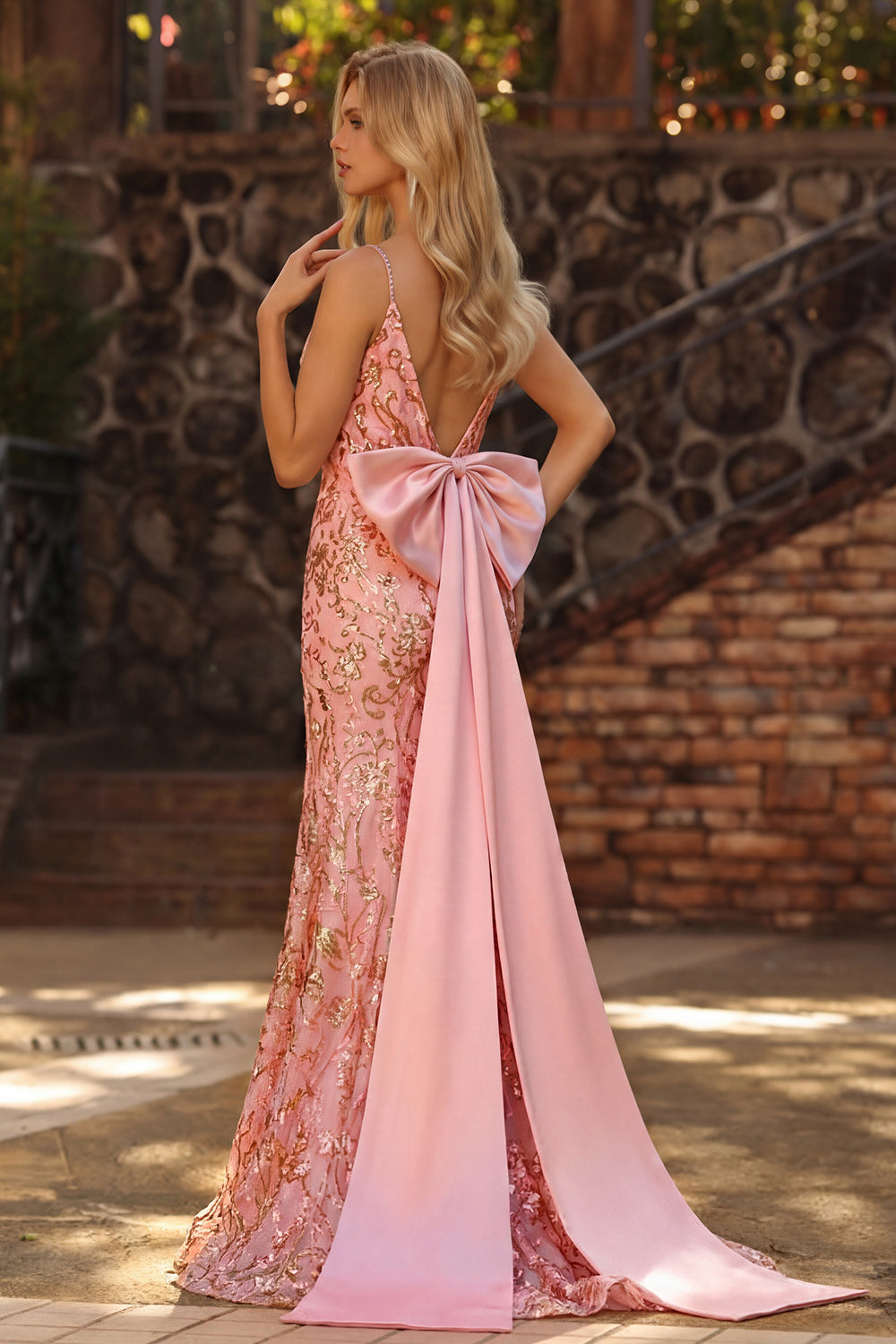 Zapaka Women Sparkly Pink Long Prom Dress with Slit Mermaid Sequin Spaghetti Straps Party Dress with Bow, Pink / US20W Zapaka Women Sparkly Pink Long Prom Dress with Slit Mermaid Sequin Spaghetti Straps Party Dress with Bow, Pink / US20W