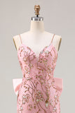 Sparkly Pink Mermaid Sequin Back Bow Long Prom Dress with Slit