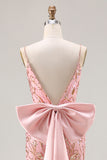 Sparkly Pink Mermaid Sequin Back Bow Long Prom Dress with Slit