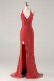 Red Halter Mermaid Open Back Beaded Long Prom Dress with Slit