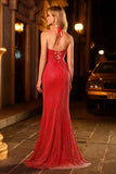 Red Halter Mermaid Open Back Beaded Long Prom Dress with Slit