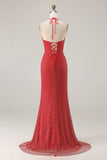 Red Halter Mermaid Open Back Beaded Long Prom Dress with Slit