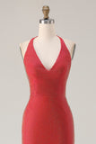 Red Halter Beaded Mermaid Long Prom Dress with Slit