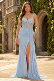 Sweetheart Mermaid Beaded Sky Blue Corset Long Plus Size Prom Dress with Slit