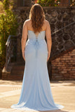 Sweetheart Mermaid Beaded Sky Blue Corset Long Plus Size Prom Dress with Slit