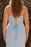 Sweetheart Mermaid Beaded Sky Blue Corset Long Plus Size Prom Dress with Slit