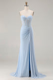 Strapless Mermaid Sky Blue Beaded Corset Long Prom Dress with Slit