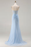 Strapless Mermaid Sky Blue Beaded Corset Long Prom Dress with Slit