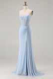 Strapless Mermaid Sky Blue Beaded Corset Long Prom Dress with Slit