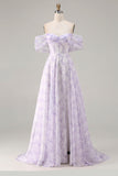 Off the Shoulder Lilac A Line Corset Print Floral Long Prom Dress with Slit