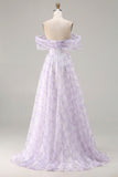 Off the Shoulder Lilac A Line Corset Print Floral Long Prom Dress with Slit