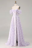 Off the Shoulder Lilac A Line Corset Print Floral Long Prom Dress with Slit