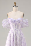Off the Shoulder Lilac A Line Corset Print Floral Long Prom Dress with Slit