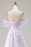 Off the Shoulder Lilac A Line Corset Print Floral Long Prom Dress with Slit