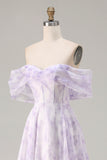 Off the Shoulder Lilac A Line Corset Print Floral Long Prom Dress with Slit