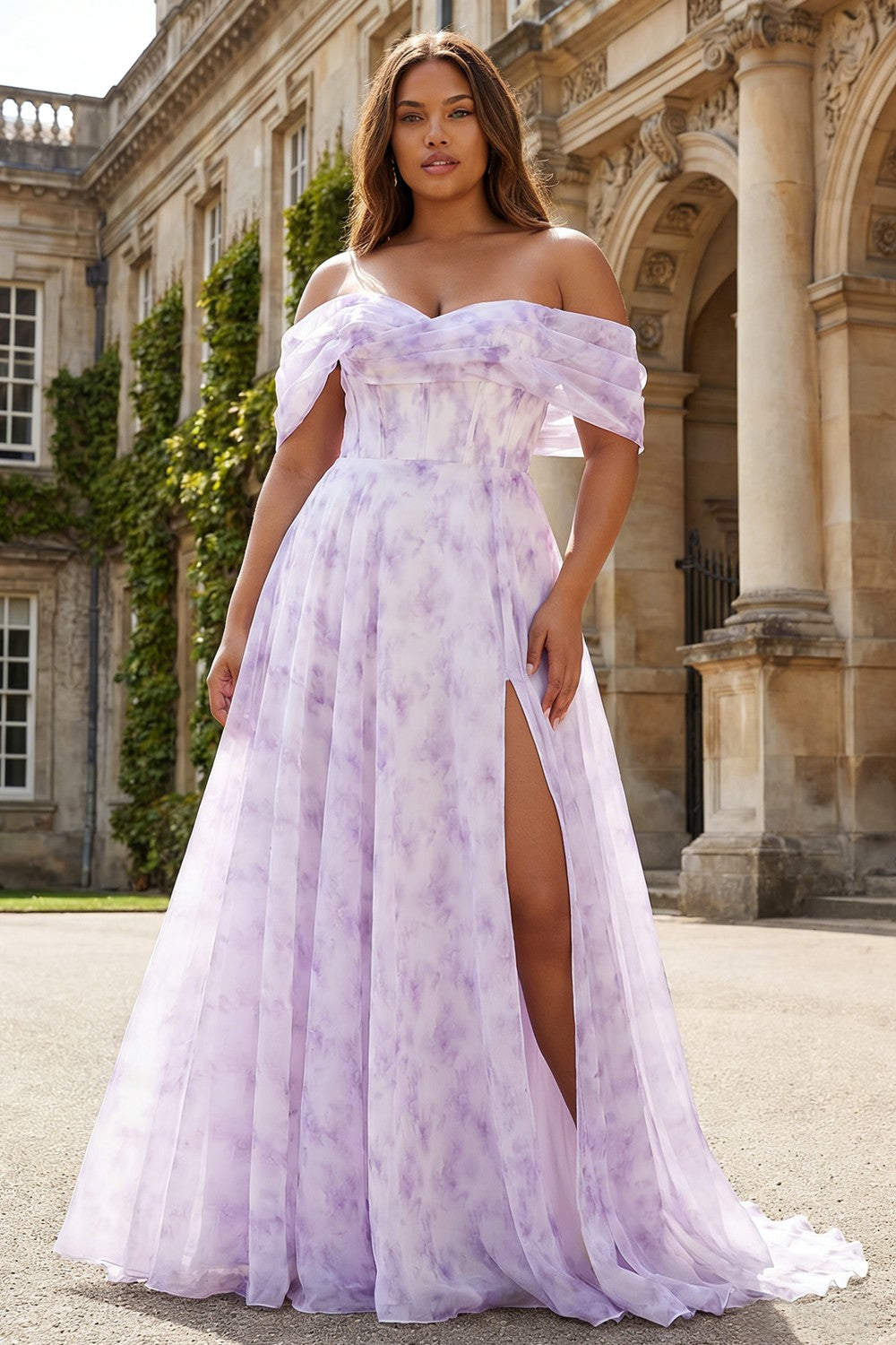 Zapaka Women Lilac Off the Shoulder Plus Size Prom Dress A Line Floral Corset Long Formal Dress with Slit, Lilac / US24W
